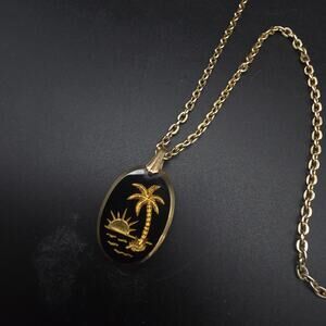 Vintage Palm Tree Beach Scene Necklace Black Gold Tone Made in Germany